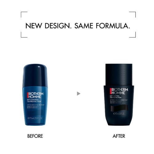 The image shows two different Biotherm Homme deodorants, labeled as before and after, indicating a new design but same formula.