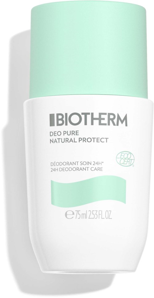En hvit deodorantbeholder med lys grønn lokk, merket Biotherm Deo Pure Natural Protect, mot en hvit bakgrunn.