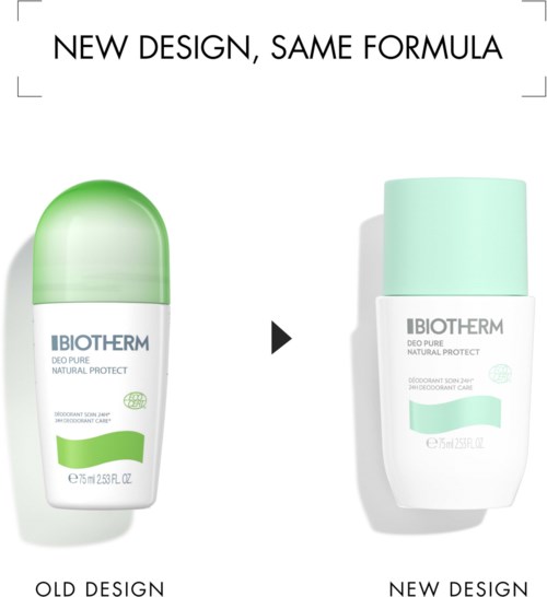 De afbeelding vergelijkt oude en nieuwe ontwerpen van een deodorantfles, met een modernere en stijlvollere uitstraling voor het nieuwe ontwerp.