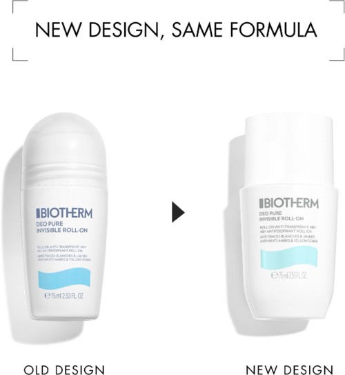 Två deodorantbehållare, gammal och ny design, med text som visar förändring i design men samma formel.