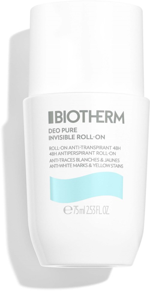 En vit deodorantrollonflaska med blå etikett och svart text, märkt Biotherm Deo Pure, för 48 timmars antiperspirant.