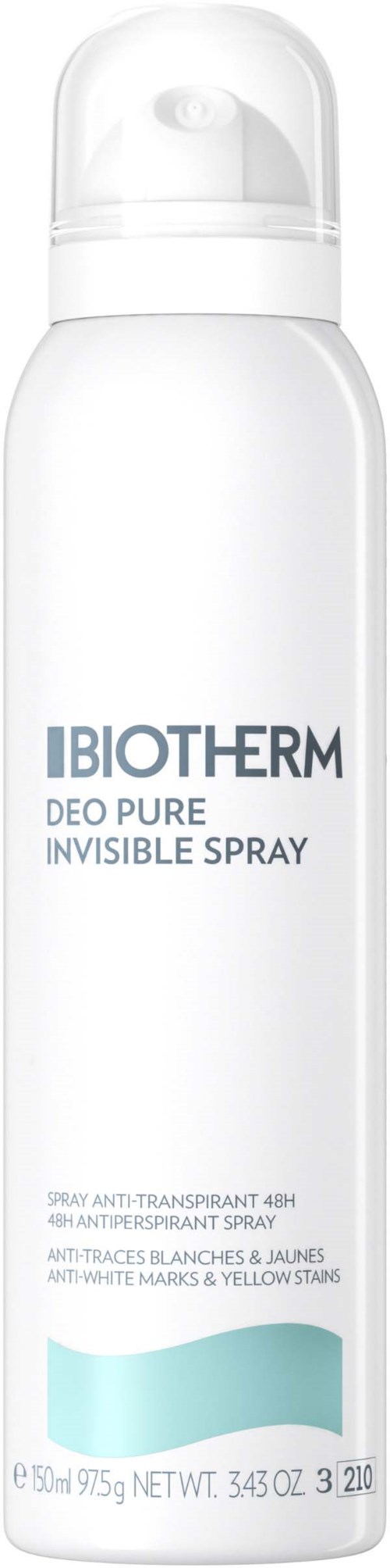 A white spray bottle labeled 'IBIOTHERM DEO PURE INVISIBLE SPRAY' with light blue accents.