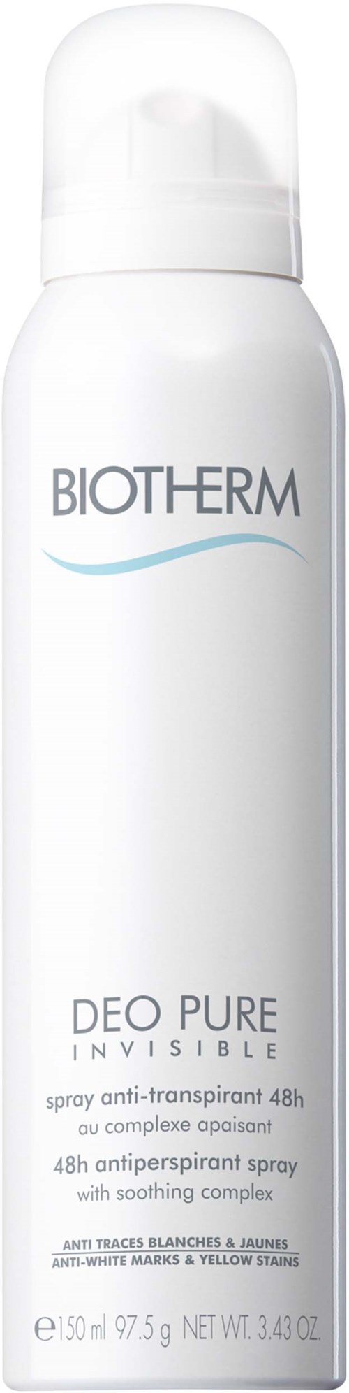A white spray bottle labeled Biotherm Deo Pure Invisible with a cap, designed for deodorant use.