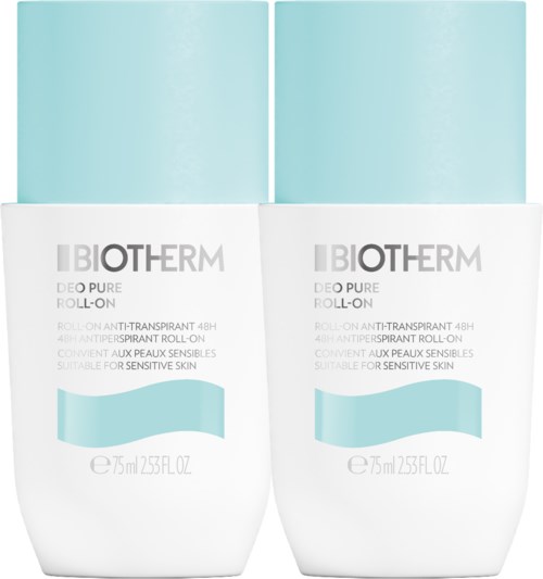 Twee flessen Biotherm deodorant met lichtblauwe doppen en witte etiketten voor gevoelige huid.