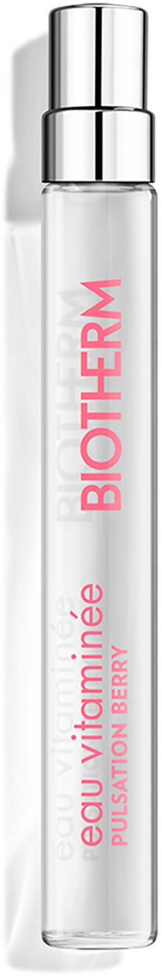 A clear glass bottle with a silver cap, labeled with pink and gray text for a berry-flavored skin product.