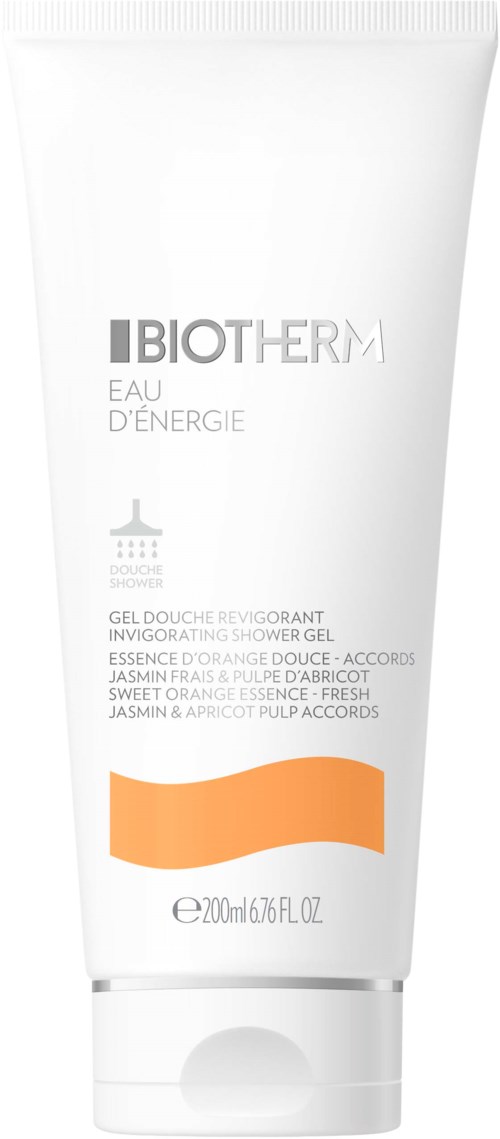 Bilden visar en vit tub med Biotherm duschgel med orange och grå text.