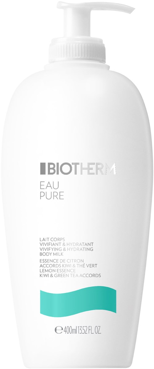 Eine weiße Flasche mit Pumpe enthält Biotherm Eau Pure Body Moisturizer, beschriftet in Grau und Hellblau, steht aufrecht.