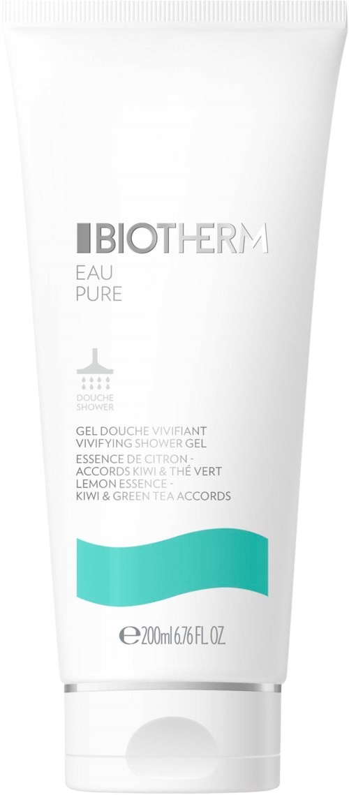 Biotherm Eau Pure suihkugeelin valkoinen t退y ja sininen aalto ja tuoteseloste.