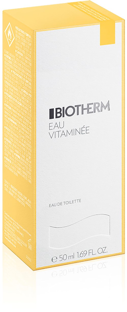 En gul och vit box av Biotherm Eau Vitaminée parfym med text och detaljer.