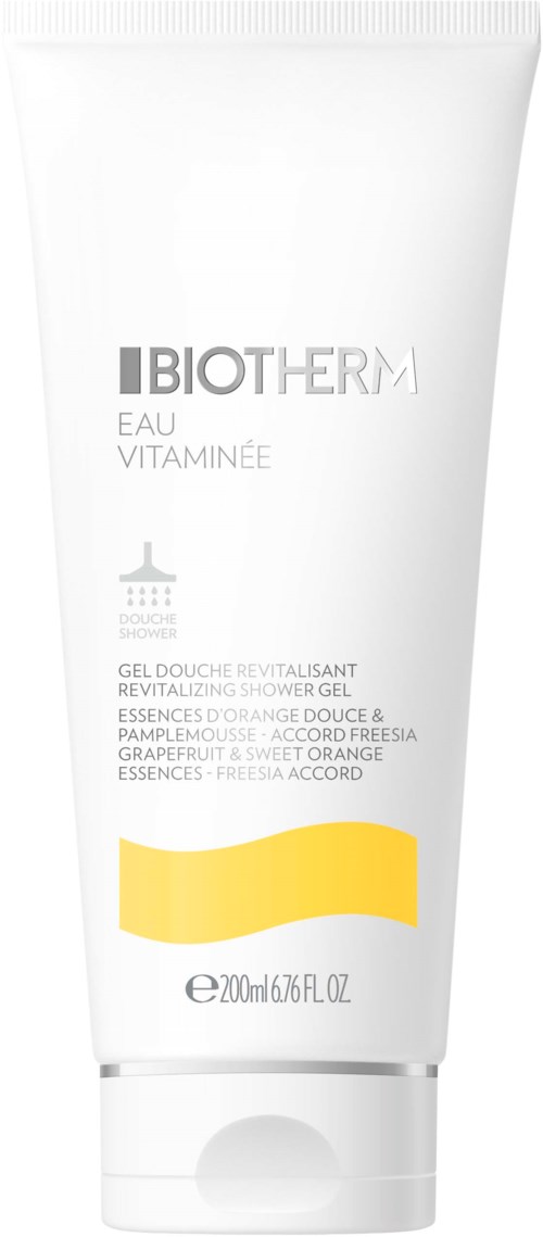 Verkwikkende douchegel met sinaasappel- en grapefruitgeur, 200 ml fles, van Biotherm Eau Vitaminée.
