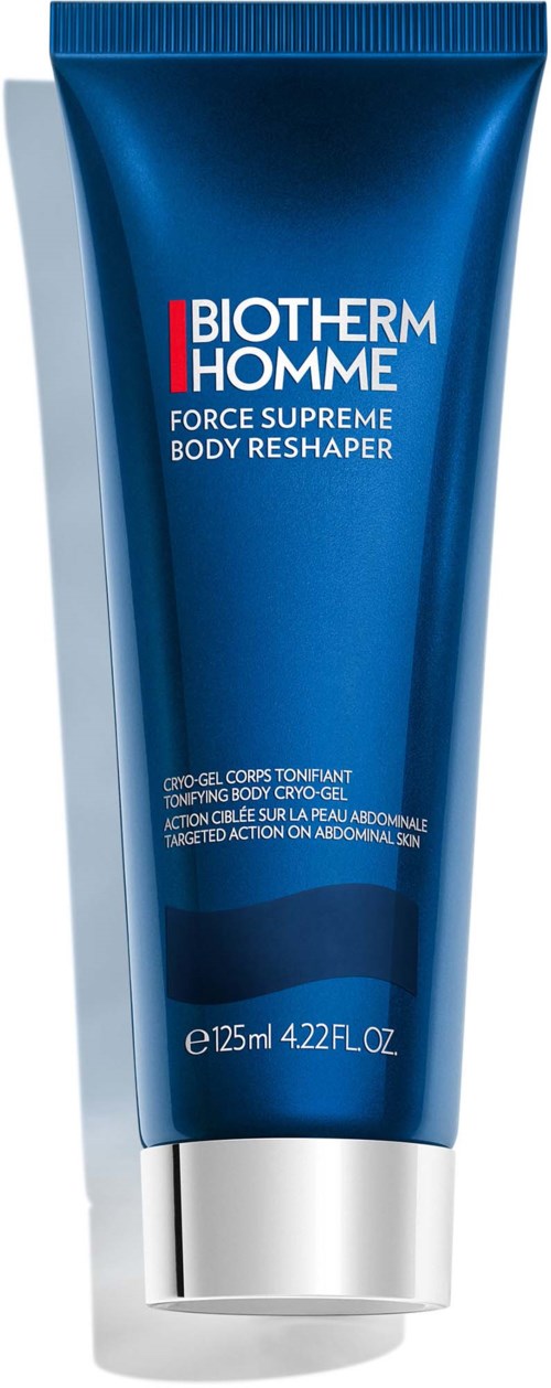Een blauwe tube met witte en rode tekst voor Biotherm Homme lichaamsgel. Het heeft een zilveren dop en 125ml capaciteit.