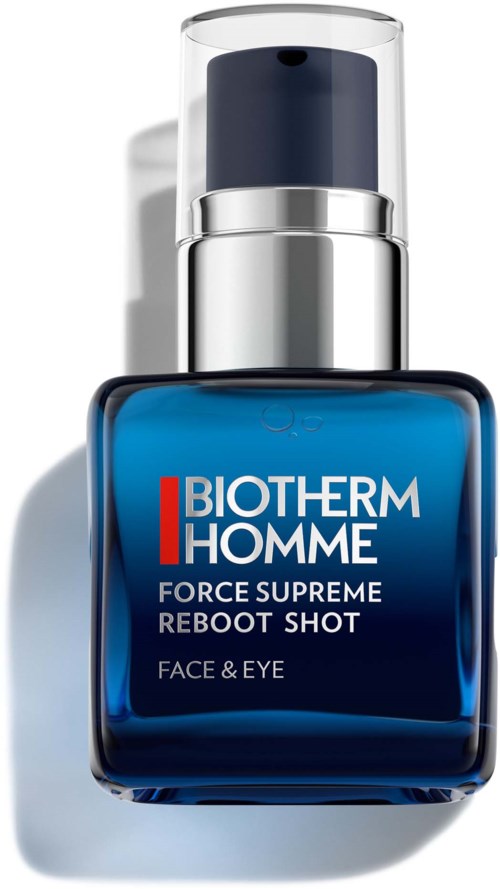 Blauwe fles met zilverkraan, gemarkeerd Biotherm Homme voor gezicht en oogzorg.