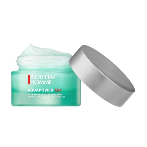 A jar of Biotherm Homme skincare cream with a silver lid, light green color, and cream inside.