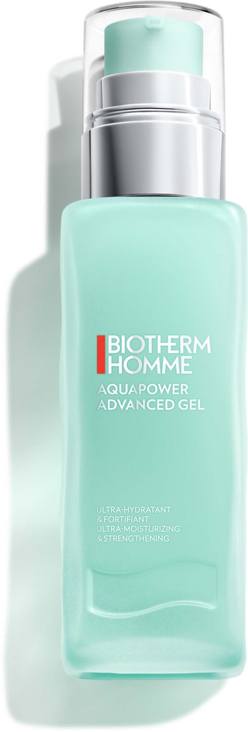 En ljusgrön flaska med Biotherm Homme Aquapower Advanced Gel, pump och silverlock. 