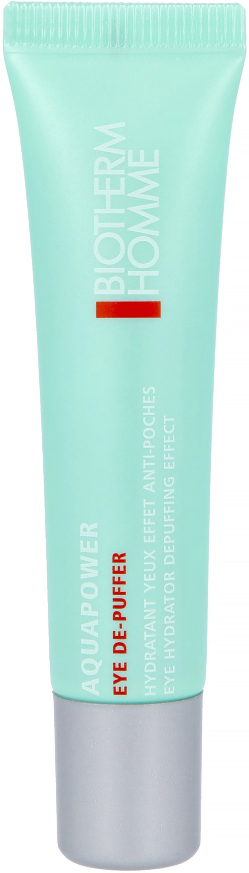 Helleblaue Tube mit Augencreme und grauem Deckel, beschriftet als Biotherm Homme eye duo mit Anti-Fatigue-Effekt.