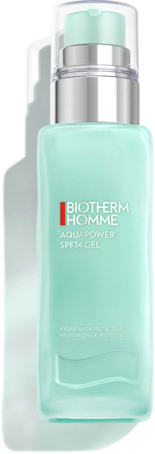 Lys turkisflaske med sølvpumpe og merket Biotherm Homme Aquapower SPF14 Gel.