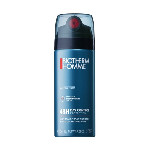 A blue bottle of Biotherm Homme deodorant with a black cap and red spray nozzle.