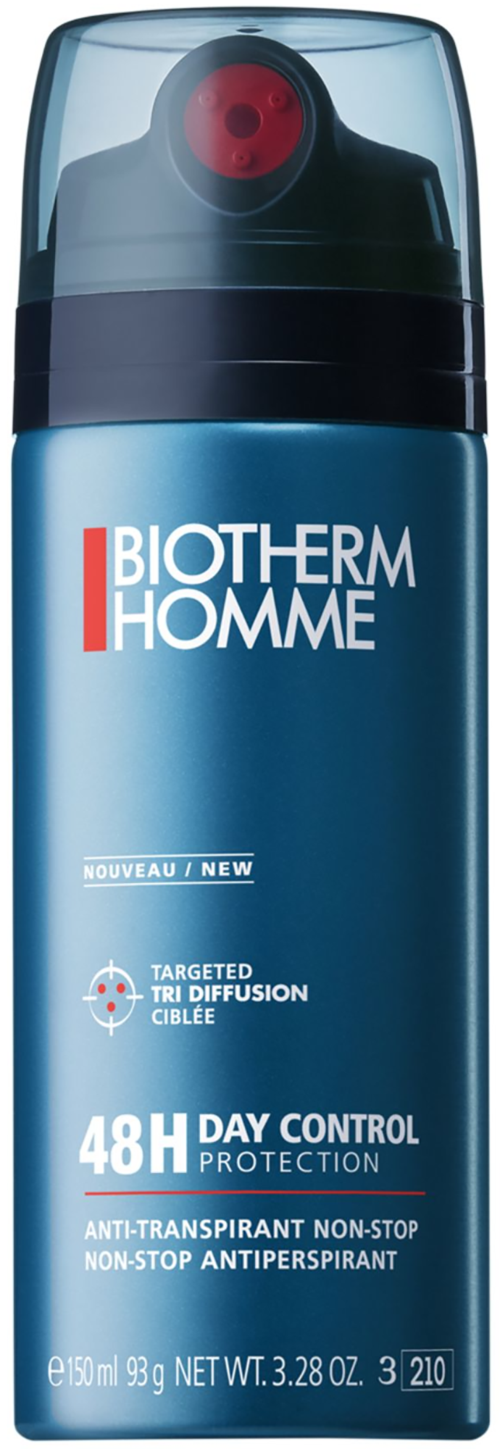 Blue spray bottle labeled Biotherm Homme, offers 48-hour protection, anti-transpirant, non-stop deodorant.
