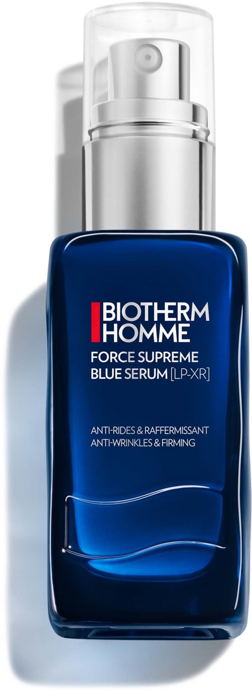 A blue serum bottle with a clear spray top, labeled 'Biotherm Homme' and containing 'Force Supreme Blue Serum.'