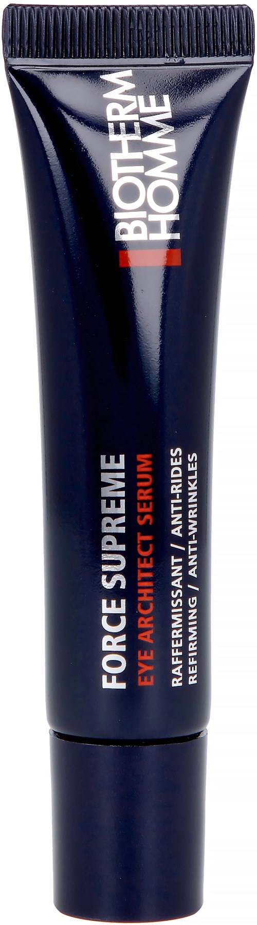 Eine navyblaue Tube mit Augenserum namens 'Force Supreme Eye Architect Serum' von Biotherm, mit roten und weißen Text.
