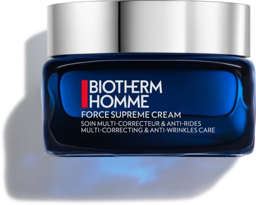 Sininen purkki Biotherm Homme Force Supreme -kermalla, joka hoitaa ja vähentää ryppyjä.