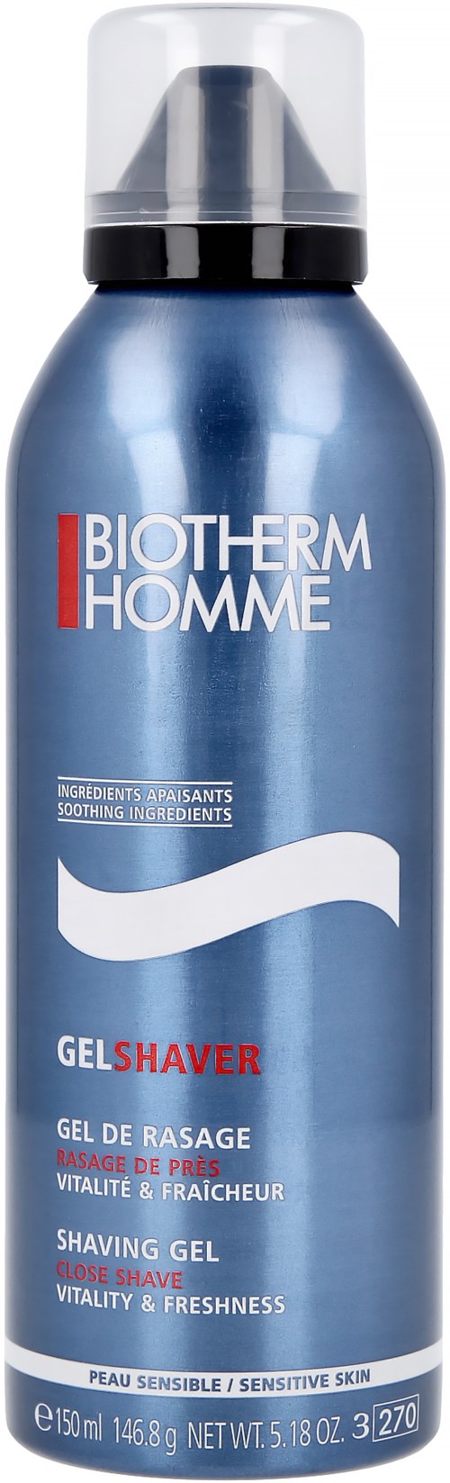Een metalen blauwe fles met zwarte dop, label Biotherm Homme scheergel voor gevoelige huid, 150 ml.
