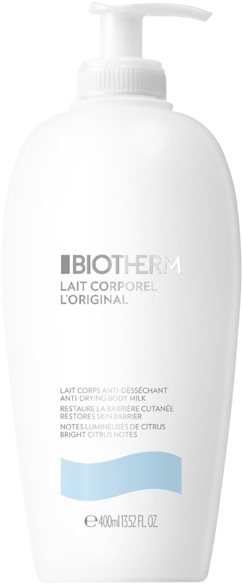 Vit flaska med pump, märkt Biotherm anti-torr kroppsmjölk, nämner citrusnoter och ljusa citrusnoter.