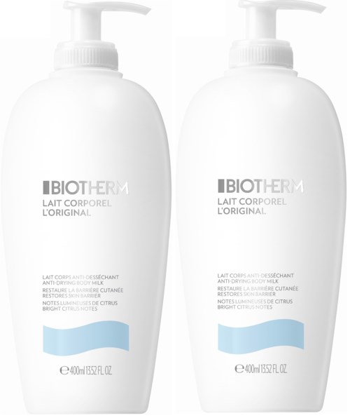 Zwei weiße Flaschen mit Biotherm-Body-Milch mit Pumpen, nebeneinander.