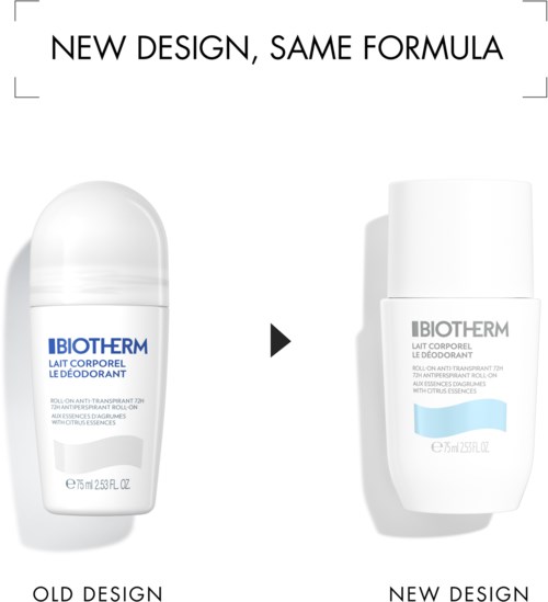 Biotherm deodoranttipokka, vanha ja uusi muotoilu, näyttää muutoksen ulkonäössä.