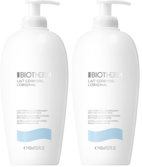 Två vita lotionflaskor med pumplock, märkta 'BIOTHERM LAIT CORPOREL L'ORIGINAL,' och en blå vågdesign.
