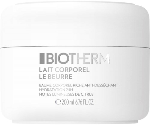 Behälter mit Biotherm Körpercreme, französisch beschriftet, 200 ml, erwähnt Zitrusduft und Feuchtigkeit.