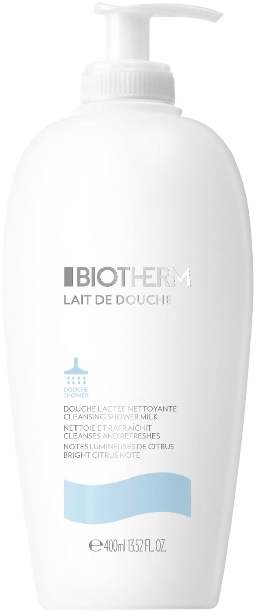 Witte fles met pomp; label zegt Biotherm, douchemelk, heldere citrusgeur, 400 ml.