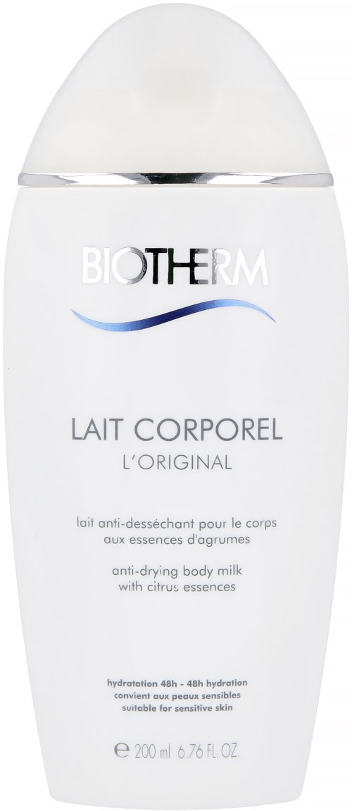En vit kroppsmjölkflaska med runt lock, märkt Biotherm, citrusdoft, och 200 ml storlek.