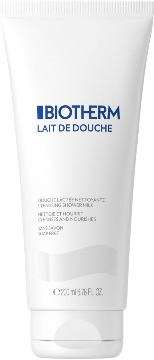 Een witte tube met Biotherm Reinigeende Douchemelk met blauwe en zwarte tekst.