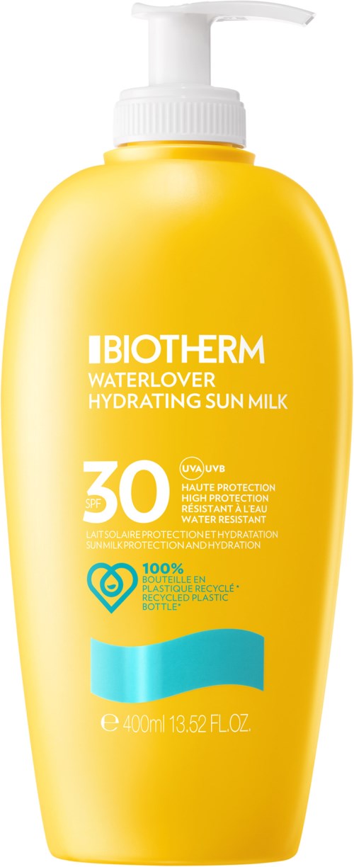 Keltainen pullo Biotherm Waterlover Hydrating Sun Milk SPF 30, pumppakko, vesiturvaominaisuudet.