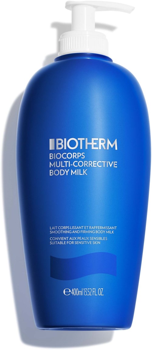 Blauwe fles met pomp, label Biotherm Bodocare Multi-Corrective Body Milk.