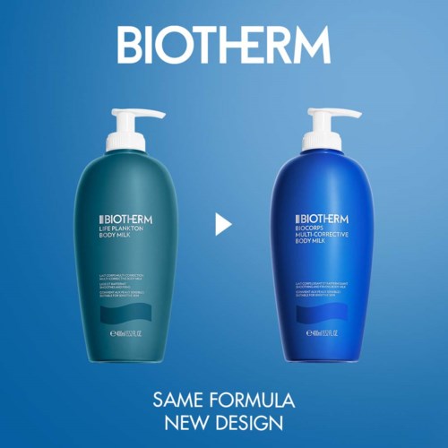 Twee flessen Biotherm lichaamsmelk, een groen en een blauw, met pomp. Tekst zegt "Zelfde formule, nieuw ontwerp."