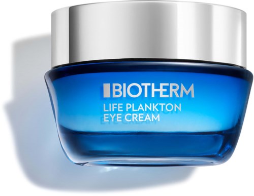 Een blauwe potje met Biotherm Life Plankton Eye Cream en zilveren deksel. Het potje is glanzend en glad.