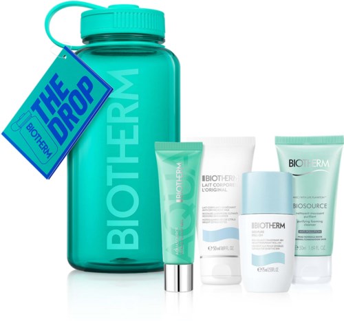 Suuri sininen astia, jossa on sininen tarra, jossa lukee BIOTHERM ja THE DROP. Neljä pientä pulloa ja putkea ihonhoitotuotteita.