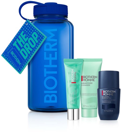 Biotherm Homme hudpleiesett med en stor blå flaske og tre mindre rør eller stifter foran.