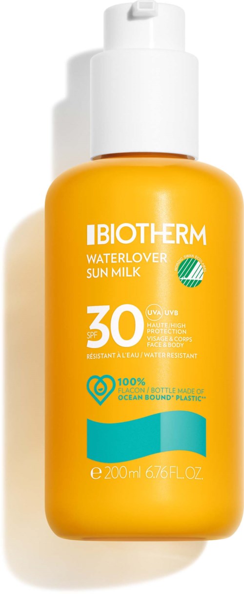 Gele zonnebrandfles van Biotherm met SPF 30 en waterbestendige eigenschappen.