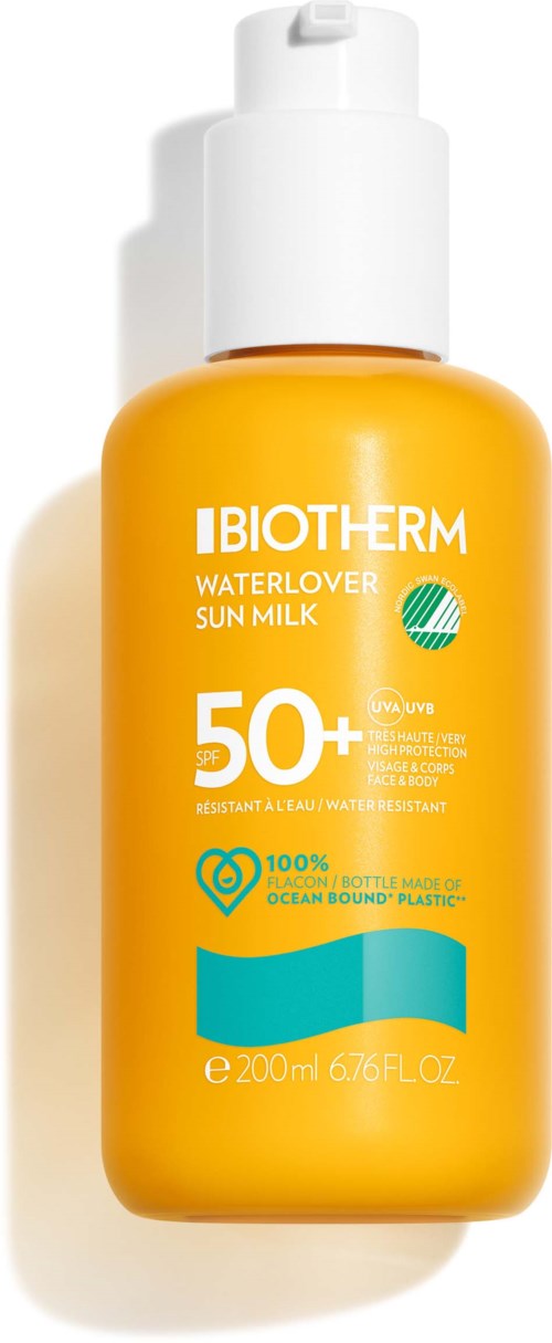Gele fles van Biotherm Waterlover zonnebrand met SPF 50+ en witte dop.