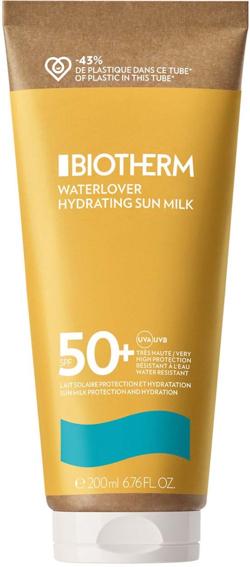 Dit is een gele en blauwe tube van Biotherm Waterlover Hydrating Sun Milk met SPF 50+.