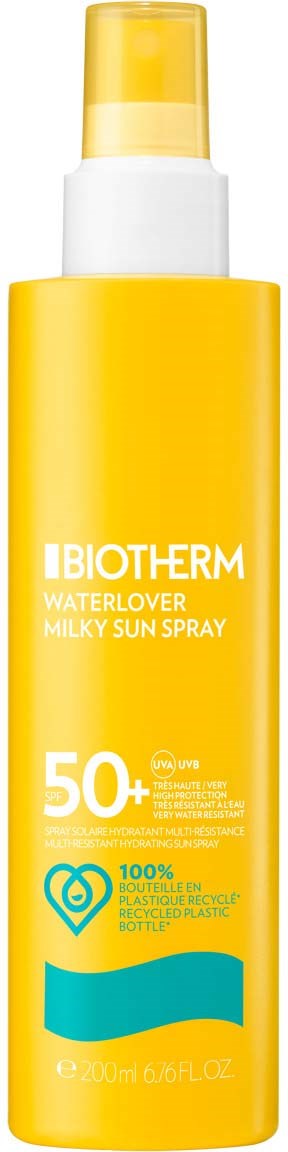 Gele fles van Biotherm Waterlover Milky Sun Spray met zonnebrand, SPF 50+, en spraydop.