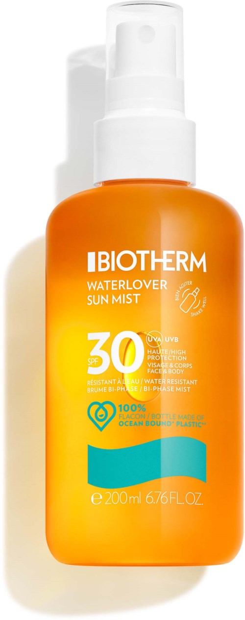 Orange flaska med Biotherm Waterlover Sun Mist med SPF 30, sprayhuvud och etikettinformation.