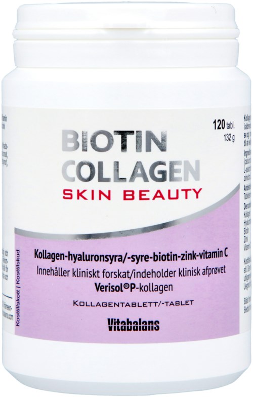 En vit behållare märkt 'Biotin Collagen Skin Beauty' med lila och grå design, vilket antyder att det är ett kosttillskott.