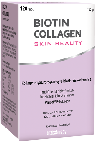 Ett kosttillskott i förpackning märkt Biotin Collagen Skin Beauty, med lila och vit förpackning, innehållande kapslar för hudstöd.