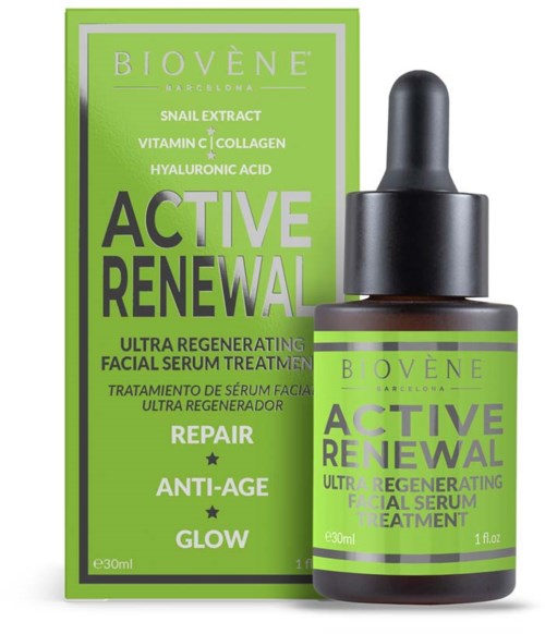 En ansiktsserum och en förpackning märkt 'Active Renewal' med grönt och svart design för hudreparation och anti-aging.