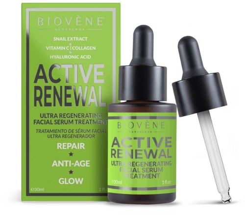 En grön förpackning och flaska med hudvårdsserum och dropper, märkt 'Active Renewal' och 'Rejuvenating Facial Serum Treatment.'
