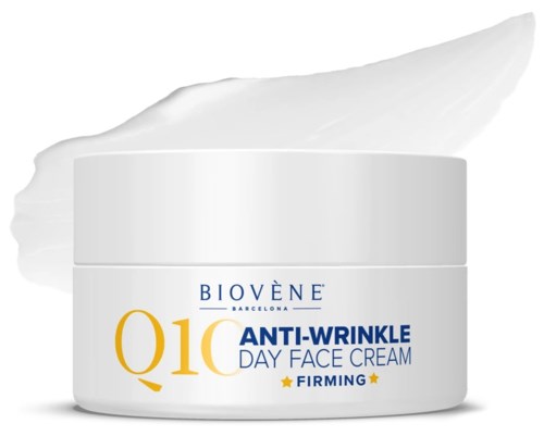 Ett kryddburk av Biovene Q10 anti-rynka dagkräm med vit bakgrund och en skvätt av kräm. Fokuserar på fasthet.